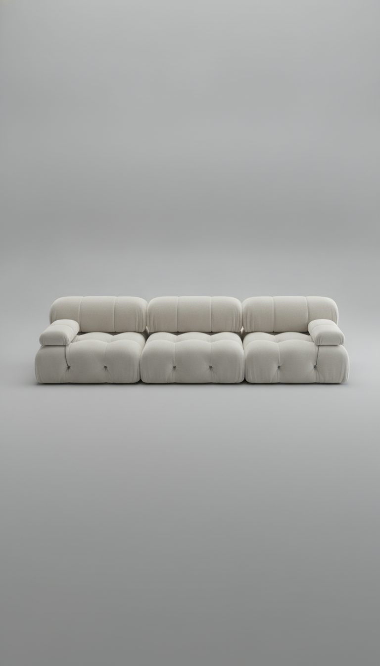 A minimalist velvet modular sectional sofa, centered on a neutral gradient background with soft lighting.